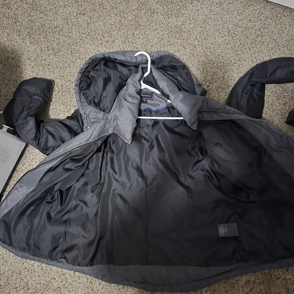 Metaphor Womens XL Puffer Jacket Gray Herringbone Mixed Media Quilted Hooded Par